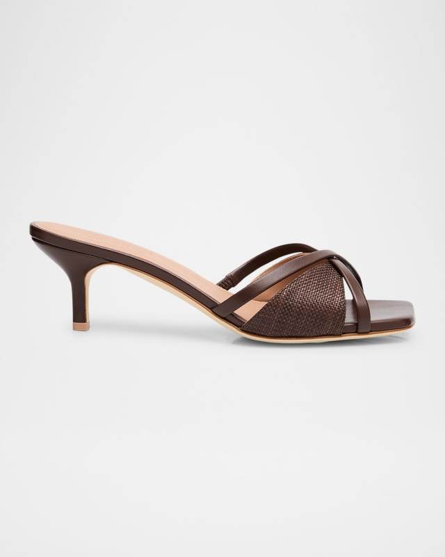 Raffia and Leather Kitten-Heel Sandals